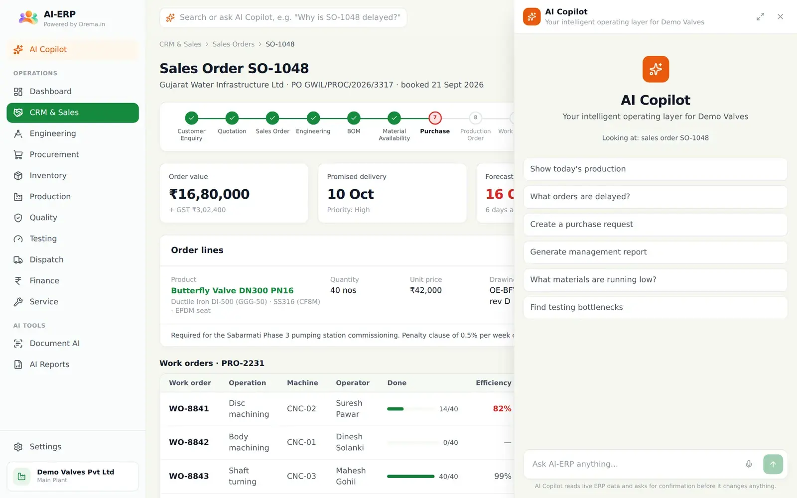 AI-ERP copilot panel open beside a sales order, suggesting questions about the order