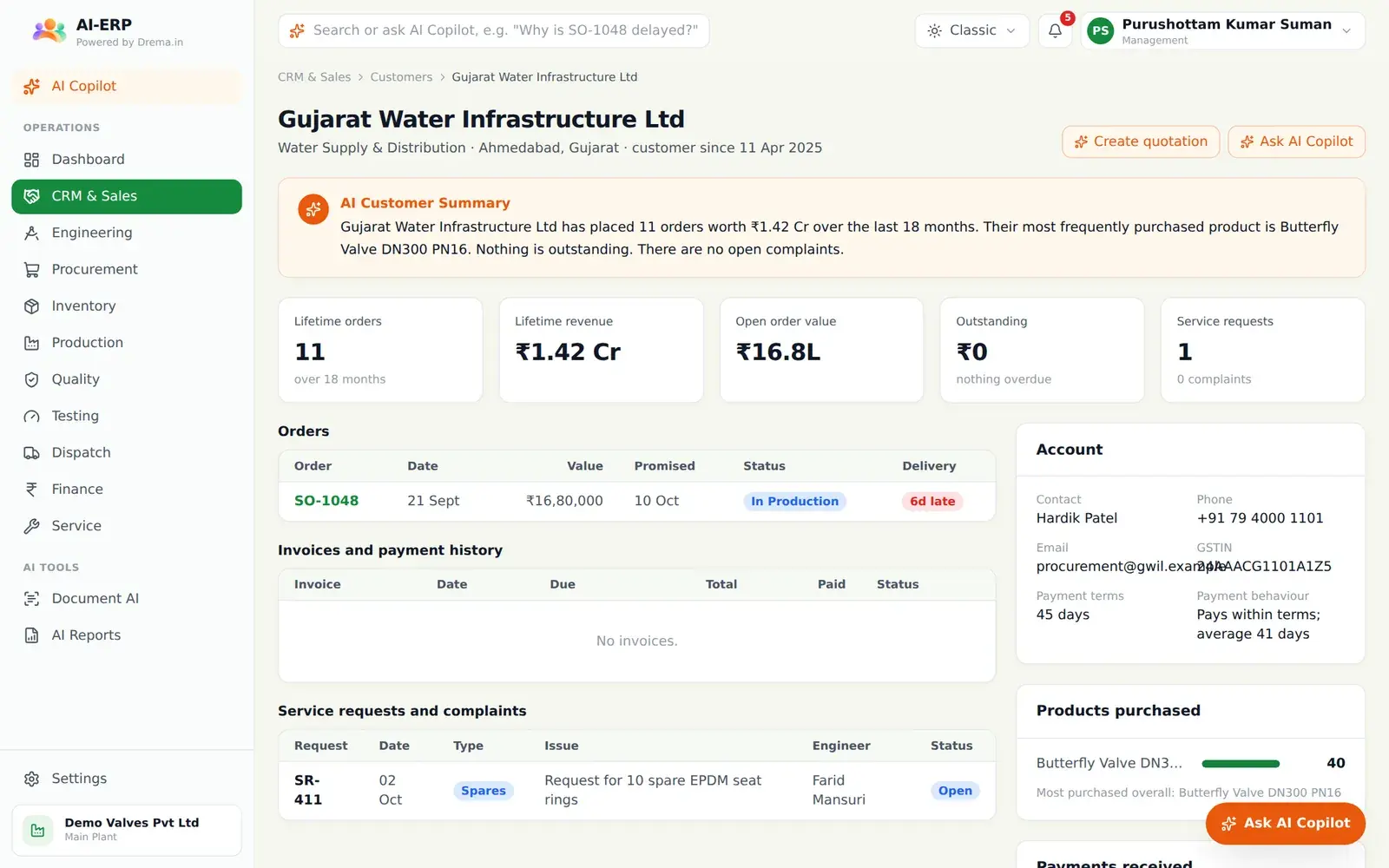 AI-ERP customer 360 view with orders, payments and service history