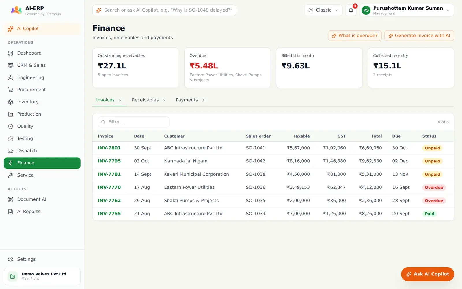 AI-ERP finance page with invoices and receivables