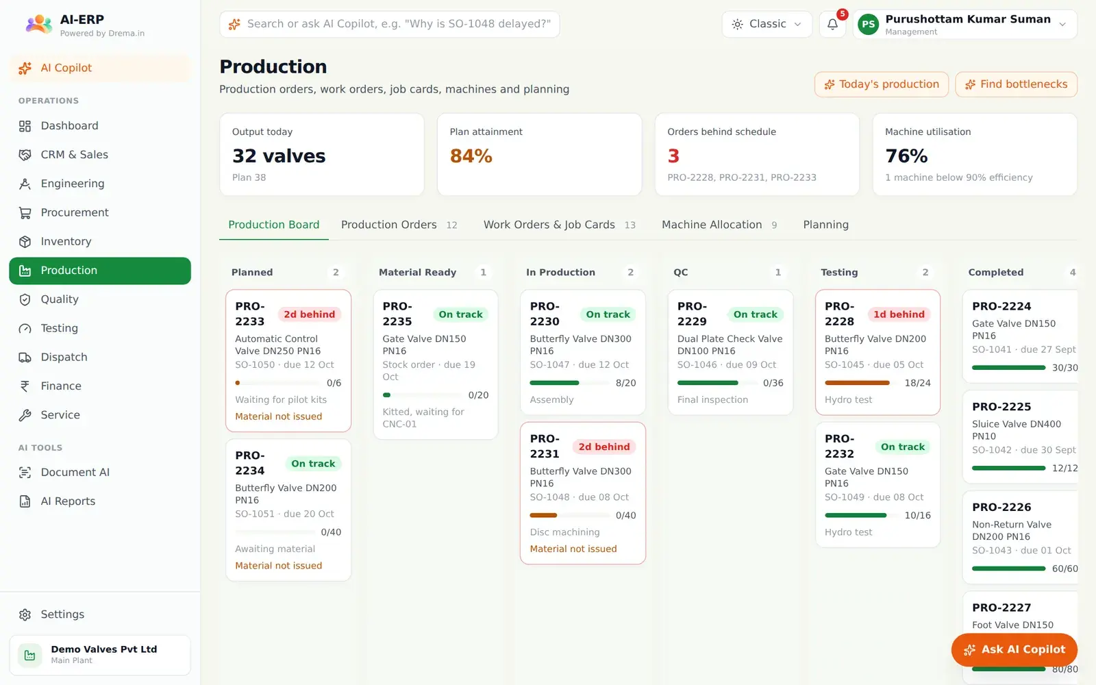 AI-ERP production board with orders by stage