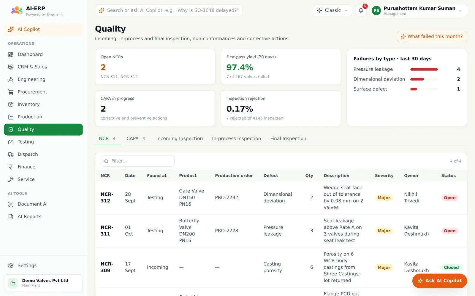 AI-ERP quality module with inspections and non-conformance reports