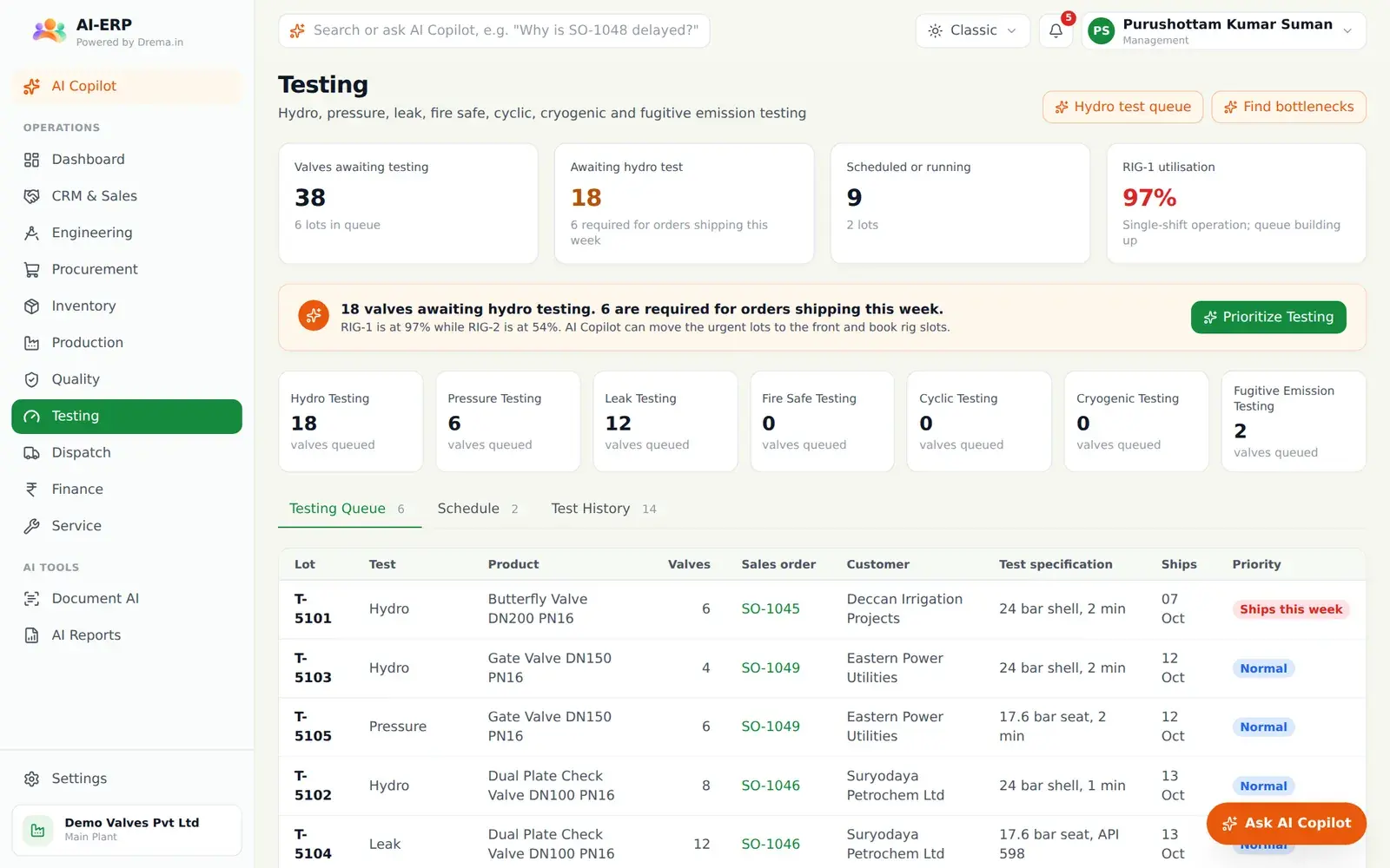 AI-ERP testing queue for hydro and pressure tests